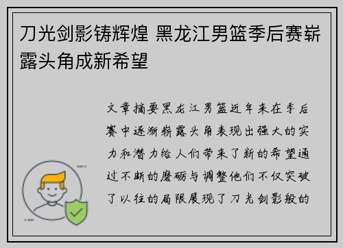 刀光剑影铸辉煌 黑龙江男篮季后赛崭露头角成新希望
