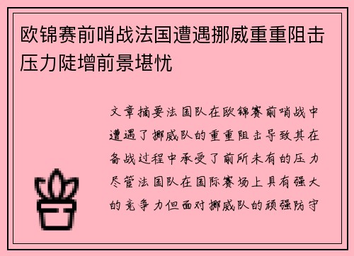 欧锦赛前哨战法国遭遇挪威重重阻击压力陡增前景堪忧