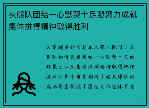 灰熊队团结一心默契十足凝聚力成就集体拼搏精神取得胜利