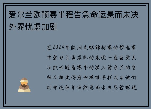 爱尔兰欧预赛半程告急命运悬而未决外界忧虑加剧