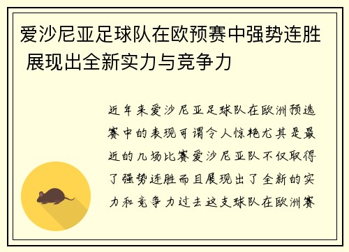 爱沙尼亚足球队在欧预赛中强势连胜 展现出全新实力与竞争力