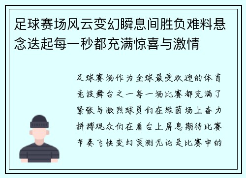 足球赛场风云变幻瞬息间胜负难料悬念迭起每一秒都充满惊喜与激情
