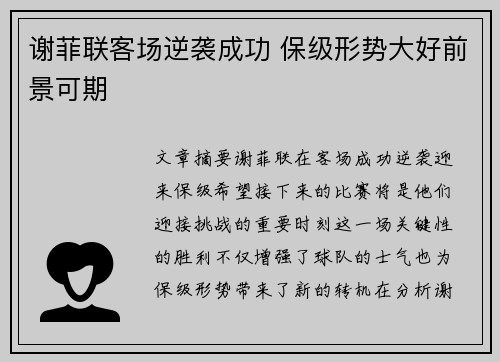 谢菲联客场逆袭成功 保级形势大好前景可期